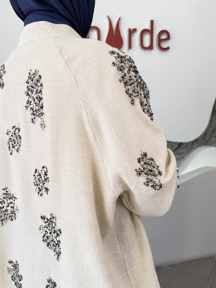 Naturel Renk Taş Boncuk İşlemeli Keten Kimono