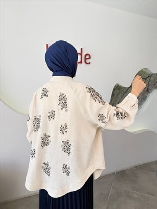 Naturel Renk Taş Boncuk İşlemeli Keten Kimono