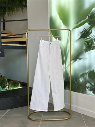 Nervürlü Bol Paça Esnek Kadın Jean Ekru 