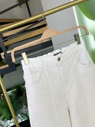 Nervürlü Bol Paça Esnek Kadın Jean Ekru 