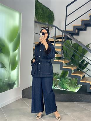 Nervürlü Geniş  Paça Lacivert Renk Kadın Denim Pantolon