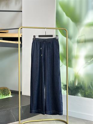 Nervürlü Geniş  Paça Lacivert Renk Kadın Denim Pantolon