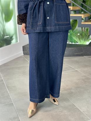 Nervürlü Geniş  Paça Lacivert Renk Kadın Denim Pantolon
