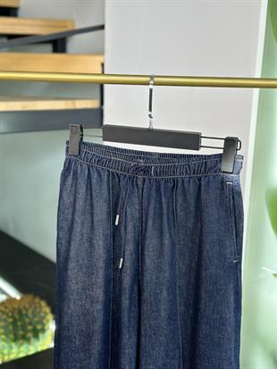 Nervürlü Geniş  Paça Lacivert Renk Kadın Denim Pantolon