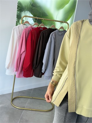 Olive Renk Fermuar Detaylı Sweatshırt