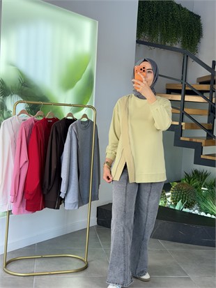 Olive Renk Fermuar Detaylı Sweatshırt