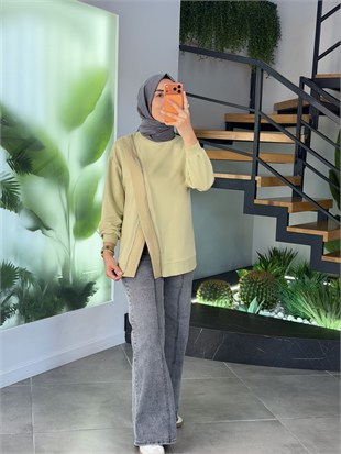 Olive Renk Fermuar Detaylı Sweatshırt