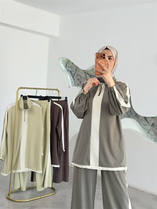 Olive Renk Paraşüt Kumaş Garnili İkili Takım