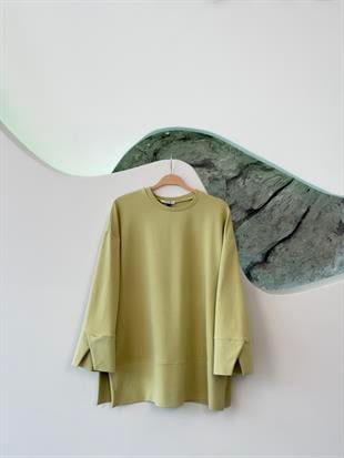 Olive Renk Yandan Yırtmaçlı Basıc Sweatshirt