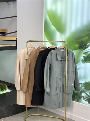 Paraşüt Kumaş Torba Cepli Camel Renk Kadın Ceket