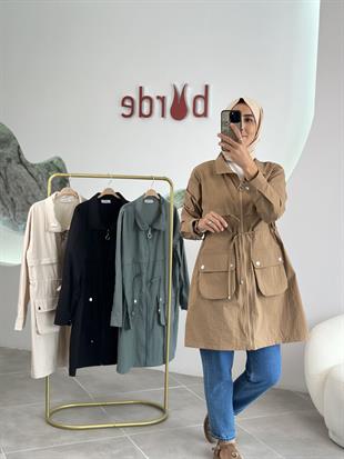 Paraşüt Kumaş Torba Cepli Camel Renk Kadın Ceket