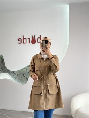 Paraşüt Kumaş Torba Cepli Camel Renk Kadın Ceket