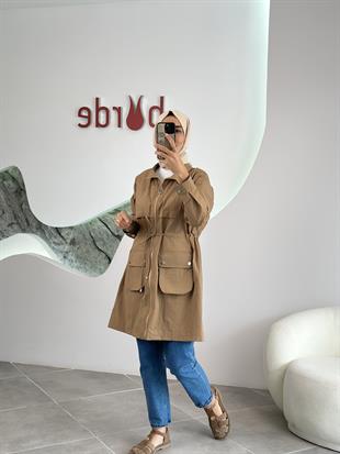 Paraşüt Kumaş Torba Cepli Camel Renk Kadın Ceket