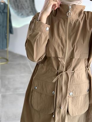 Paraşüt Kumaş Torba Cepli Camel Renk Kadın Ceket