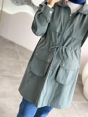 Paraşüt Kumaş Torba Cepli Mint Renk Kadın Ceket