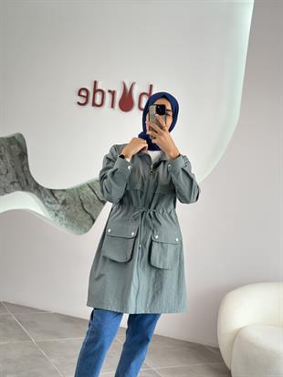 Paraşüt Kumaş Torba Cepli Mint Renk Kadın Ceket