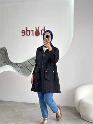 Paraşüt Kumaş Torba Cepli  Siyah Renk Kadın Ceket