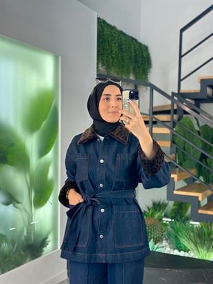 Pelüş Detaylı Lacivert Renk Kadın Denim Ceket