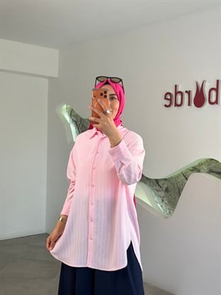 Pembe Renk Çizgili Basıc Gömlek