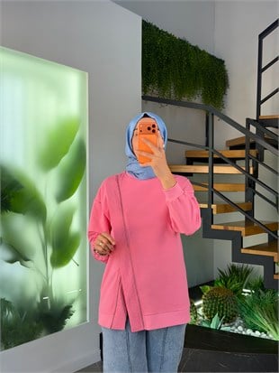Pembe Renk Fermuar Detaylı Sweatshırt