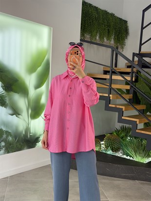 Pembe Renk Gofre Kumaş Gömlek