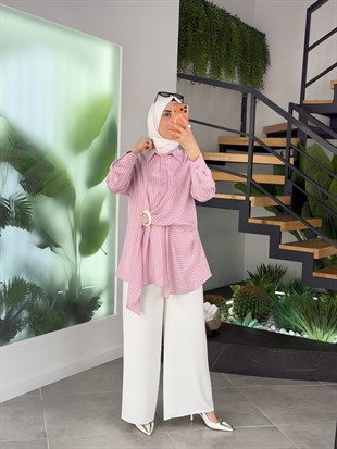 Pembe Renk Gold Tokalı Asimetrik Gömlek