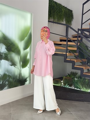 Pembe Renk Keten Görünümlü Oversize Gömlek
