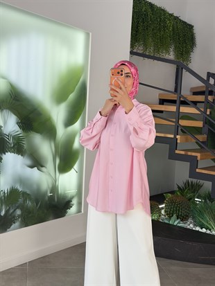 Pembe Renk Keten Görünümlü Oversize Gömlek