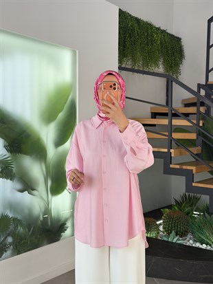 Pembe Renk Keten Görünümlü Oversize Gömlek