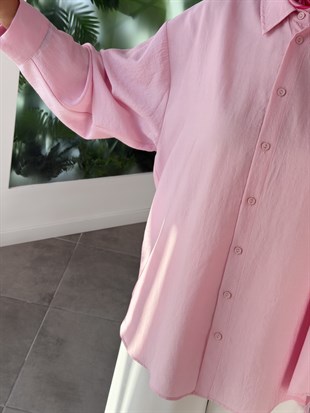 Pembe Renk Keten Görünümlü Oversize Gömlek