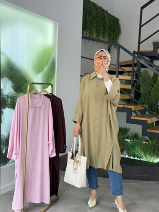 Pembe Renk Kol Manşet Detaylı Gömlek Tunik
