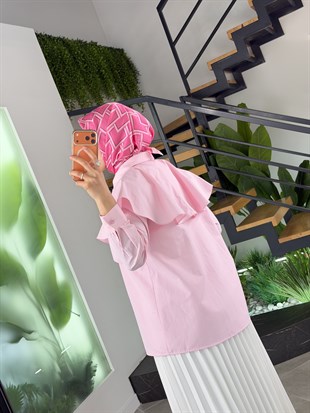 Pembe Renk Pelerin Detaylı Poplin Gömlek
