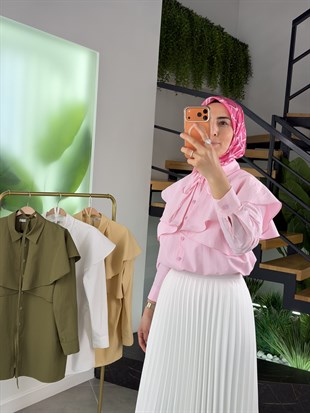 Pembe Renk Pelerin Detaylı Poplin Gömlek