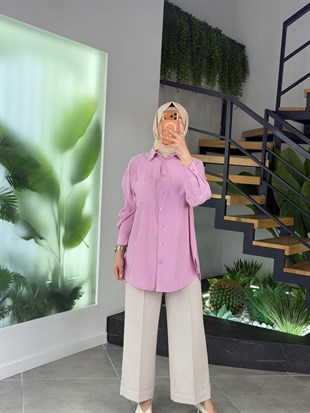 Pembe Renk Rayon Kumaş Basic Gömlek