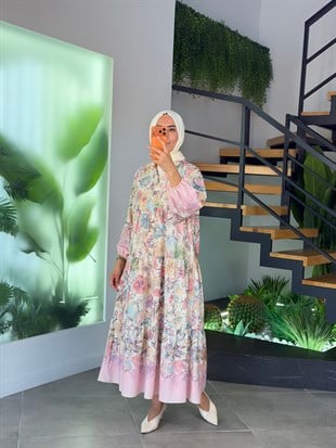 Pembe Renk Soft Çiçek Desenli Yaz  Elbisesi