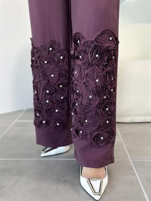 Premium Gül İşlemeli Mürdüm Renk Kadın Pantolon