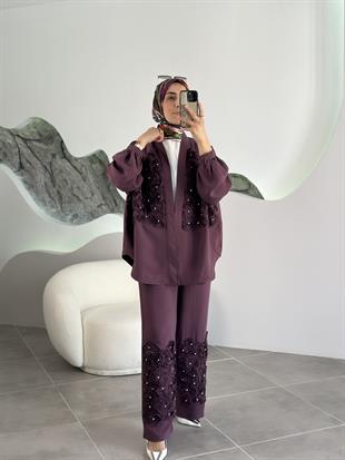 Premium Gül İşlemeli Mürdüm Renk Kadın Pantolon