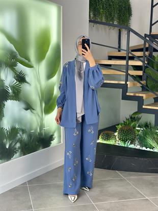 Premium Taş İşlemeli İndigo Renk Kadın Pantolon