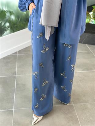 Premium Taş İşlemeli İndigo Renk Kadın Pantolon