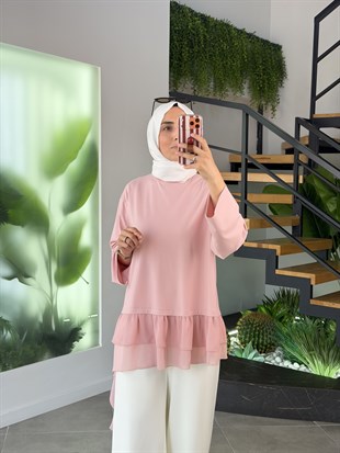 Pudra Renk Şifon Kumaş Garnili Tunik