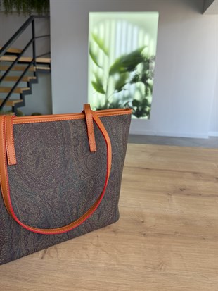 Şal Desenli Kahve Renk Premium El ve Omuz Çantası