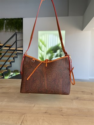 Şal Desenli Koyu Kahve Premium Omuz Çantası