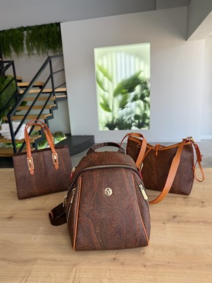 Şal Desenli Koyu Kahve Premium Omuz Çantası