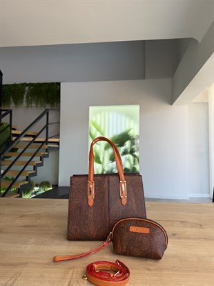 Şal Desenli Koyu Kahve Renk Premium El Çantası