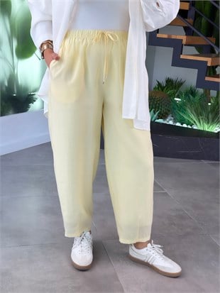 Sarı Renk Beli Lastikli Havuç Paça Pantolon