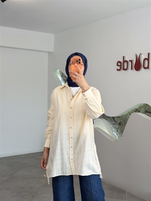 Sarı Renk  İp Büzgü Detaylı Pamuklu Gömlek