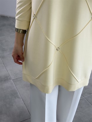 Sarı Renk Nervürlü Ve Taşlı Tunik