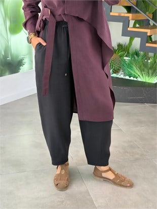 Siyah Renk Beli Lastikli Havuç Paça Pantolon