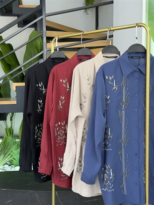 Siyah Renk Boncuk İşlemeli Modal Gömlek