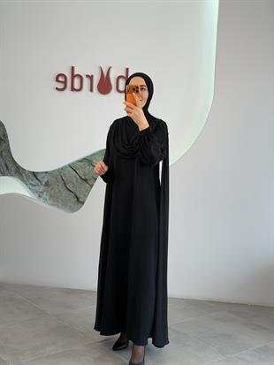 Siyah Renk Degaje Dökümlü El İşi Boncuk Detaylı Pelerin Elbise